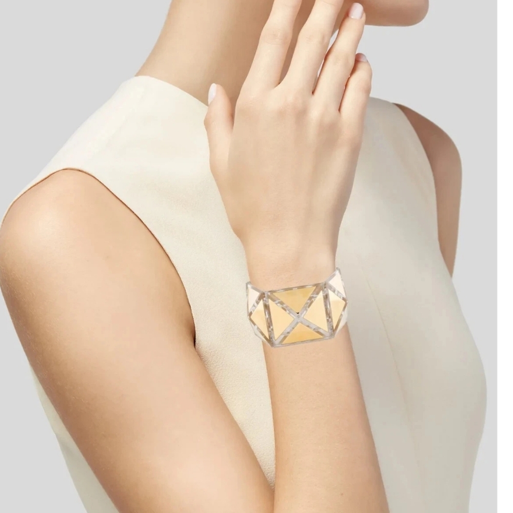 Tory Burch Pyramid Lucite Clear Tory Gold Stretch Bracelet New With Tag Box $228